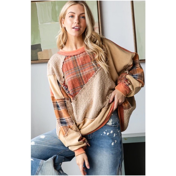 Oli & Hali Patchwork Crew Neck Sweater in Orange and Tan - Picture 2 of 5